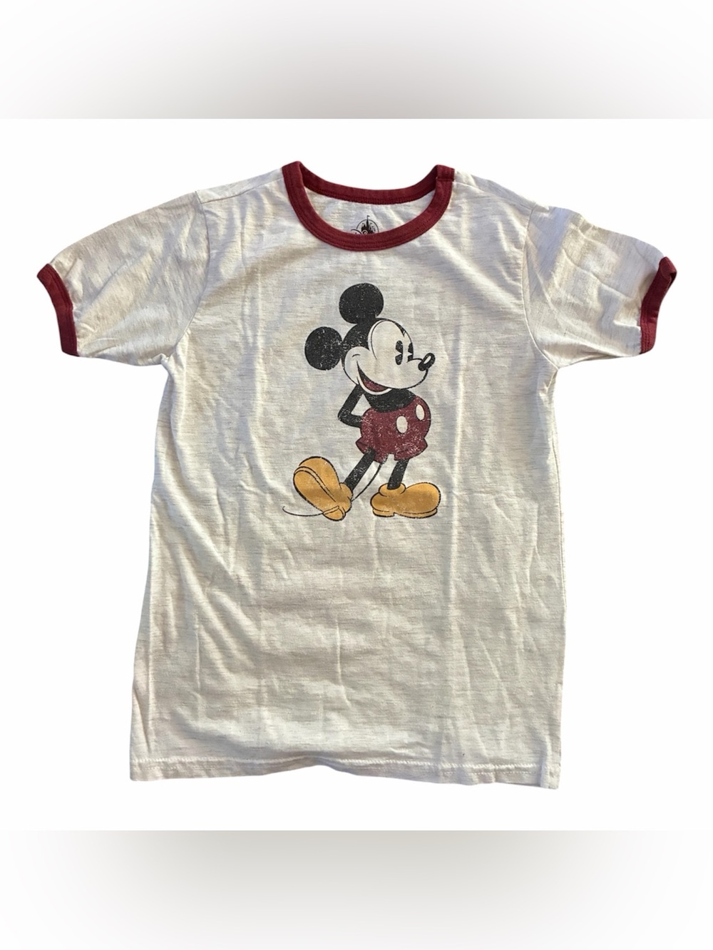 Disney White Mickey Mouse Ringer Tee with Maroon Trim- Size 5/6